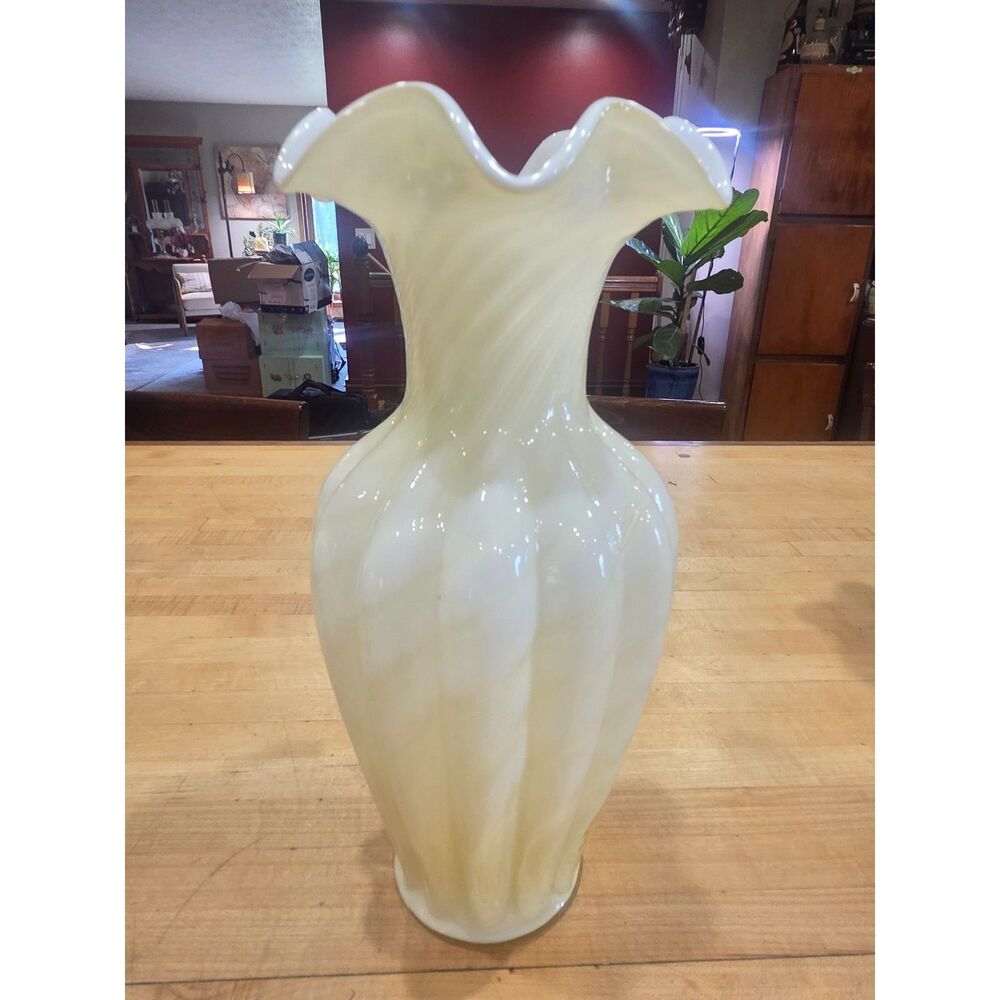 Vintage Fenton Yellow White Spiral Swirl Glass Ruffled Vase 11 Inch MCM